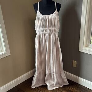 Pact Organic Cotton Striped Cream & Tan Maxi Dress with Smocked Waist